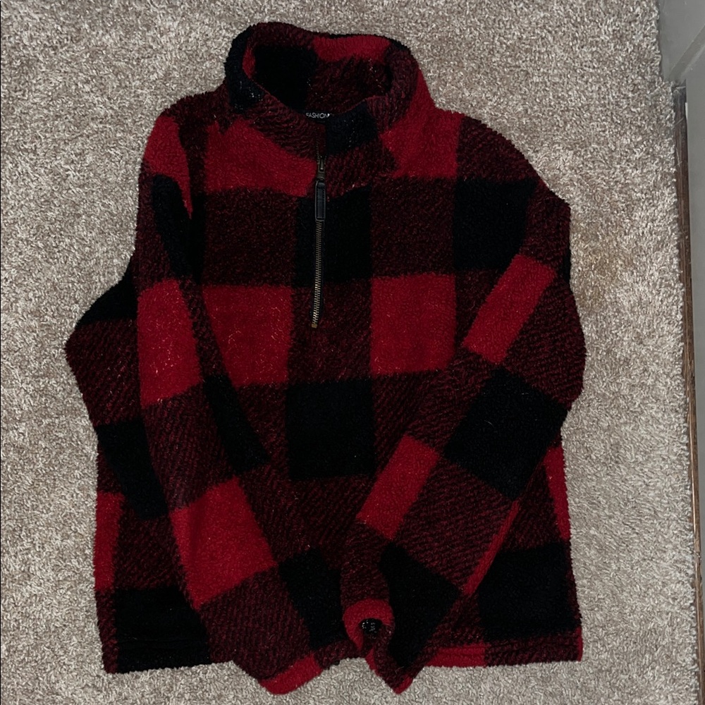 Fashion Nova Red and Black Fuzzy Sweater